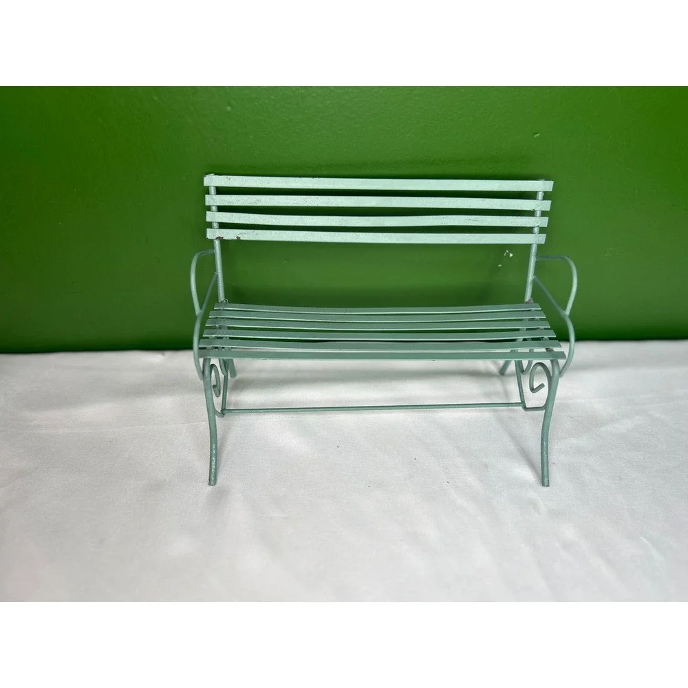 Vintage Miniature Metal Garden Bench Light Green Dollhouse Fairy Garden Decor